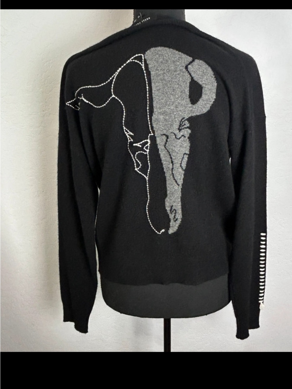 Skull Cashmere Black V Neck Sweater with Gray Abstract blk Long horn Skull Motif